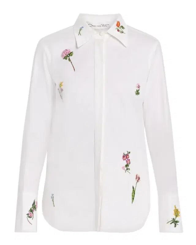 Oscar de la Renta Botanical Embroidered Cotton Poplin Button-Down Shirt