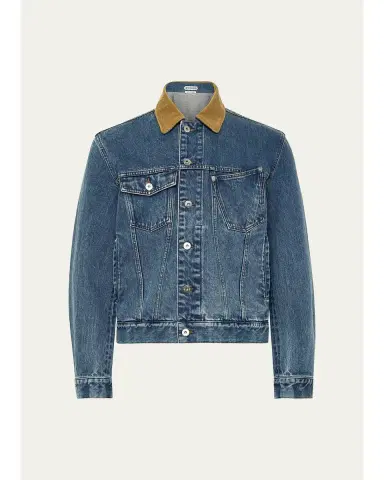 JW Anderson Mens Corduroy-Collar Twisted Pocket Denim Jacket | Thumbnail 1 JW Anderson Mens Corduroy-Collar Twisted Pocket Denim Jacket | Thumbnail 1
