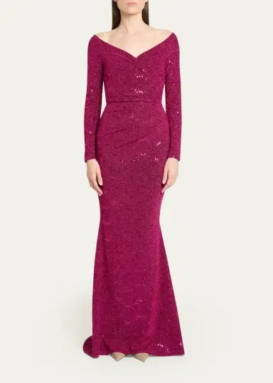 Talbot Runhof Sequined Off-Shoulder Long-Sleeve Gown | Thumbnail 2