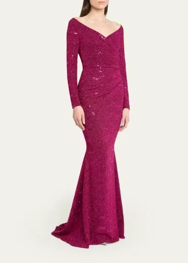 Talbot Runhof Sequined Off-Shoulder Long-Sleeve Gown | Thumbnail 4