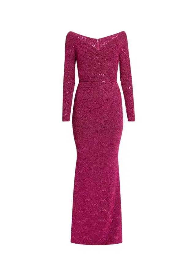 Talbot Runhof Sequined Off-Shoulder Long-Sleeve Gown