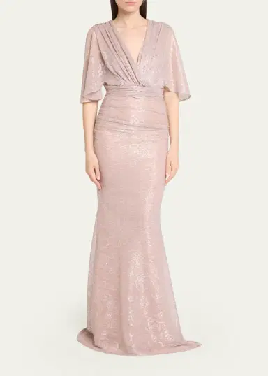 Talbot Runhof Floral Metallic Draped V-Neck Gown | Thumbnail 2