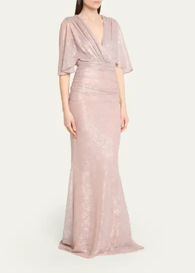 Talbot Runhof Floral Metallic Draped V-Neck Gown | Thumbnail 4