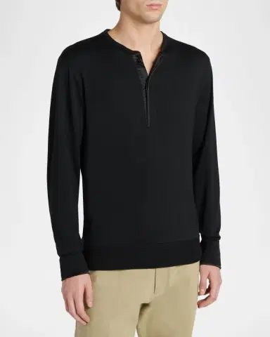 TOM FORD Boutique Men's Wool-Blend Henley Long-Sleeve T-Shirt | Thumbnail 3