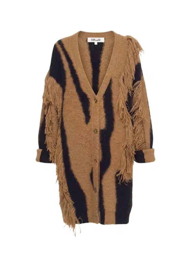 Diane von Furstenberg Leone Fringed Abstract Intarsia Cardigan