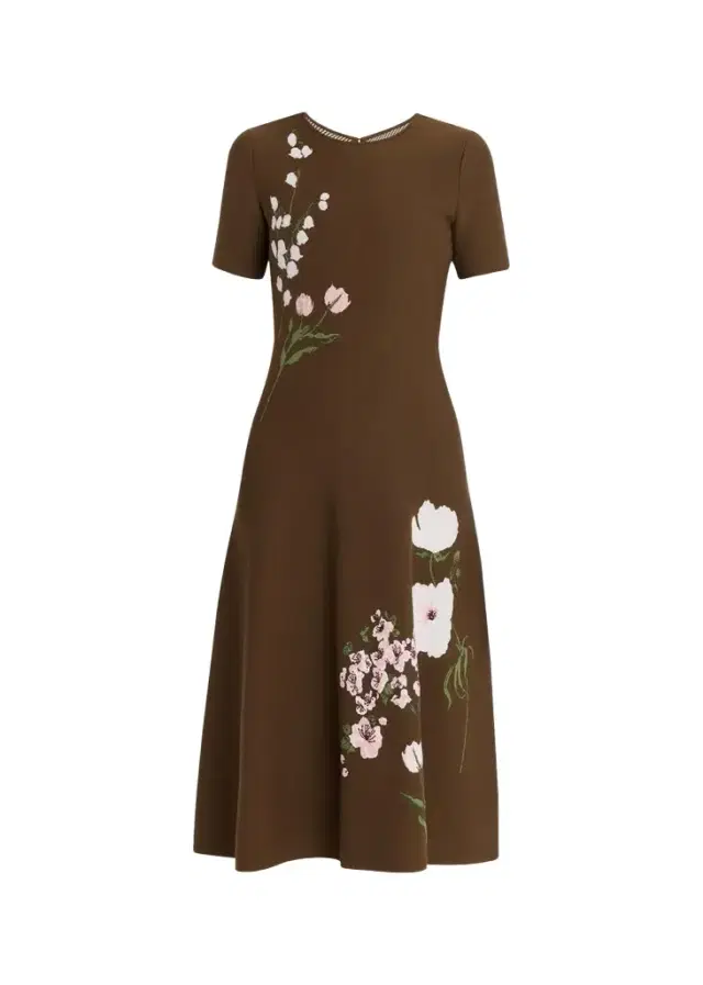Oscar de la Renta Short-Sleeve Multi Floral Knit Midi Dress