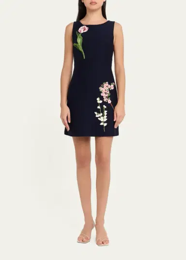 Oscar de la Renta Sleeveless Floral Embroidered Wool Knit Mini Dress | Thumbnail 2