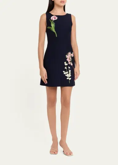 Oscar de la Renta Sleeveless Floral Embroidered Wool Knit Mini Dress | Thumbnail 4
