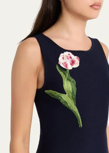 Oscar de la Renta Sleeveless Floral Embroidered Wool Knit Mini Dress | Thumbnail 5
