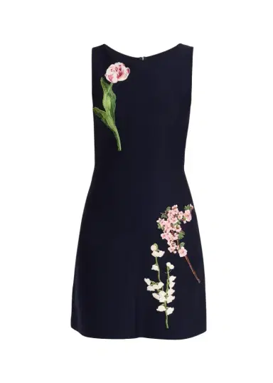 Oscar de la Renta Sleeveless Floral Embroidered Wool Knit Mini Dress | Thumbnail 1