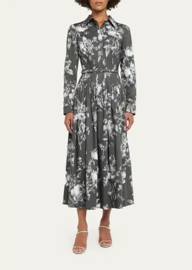 Oscar de la Renta Chine Peony Print Cotton Belted Midi Shirtdress | Thumbnail 2