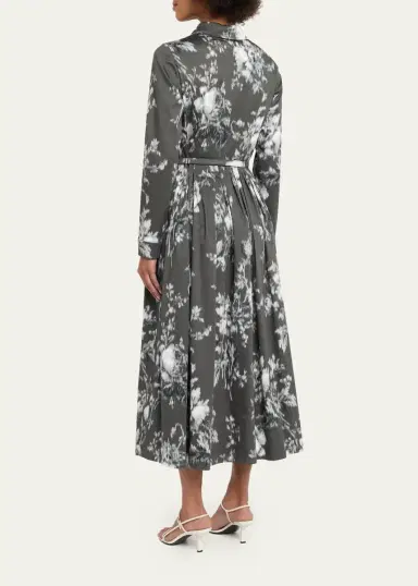 Oscar de la Renta Chine Peony Print Cotton Belted Midi Shirtdress | Thumbnail 3