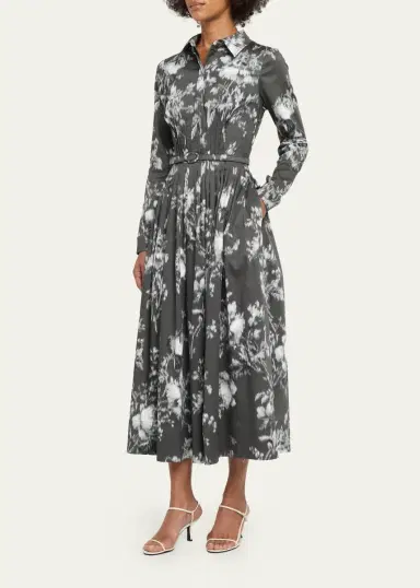 Oscar de la Renta Chine Peony Print Cotton Belted Midi Shirtdress | Thumbnail 4