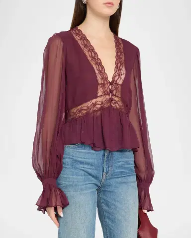 LoveShackFancy Thessira Lace-Trim Chiffon Blouse | Thumbnail 4 LoveShackFancy Thessira Lace-Trim Chiffon Blouse | Thumbnail 4