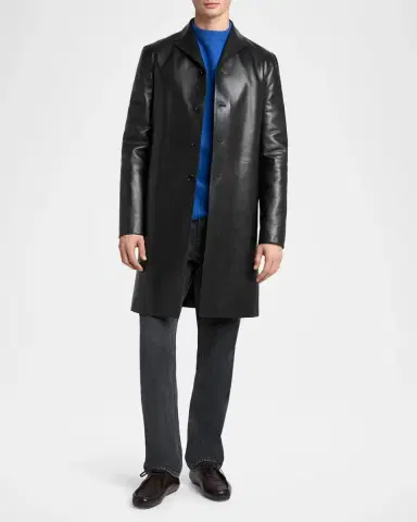 Jil Sander Men's Leather Single-Breasted Long Sport Coat | Thumbnail 2 Jil Sander Men's Leather Single-Breasted Long Sport Coat | Thumbnail 2