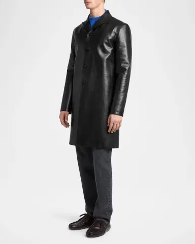 Jil Sander Men's Leather Single-Breasted Long Sport Coat | Thumbnail 4 Jil Sander Men's Leather Single-Breasted Long Sport Coat | Thumbnail 4