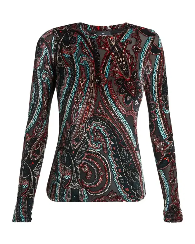Etro Paisley Velvet Burnout Jersey Long-Sleeve Top