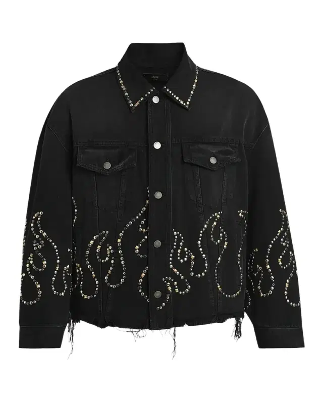 Men's Oversized Studded Flame Black Denim Jacket