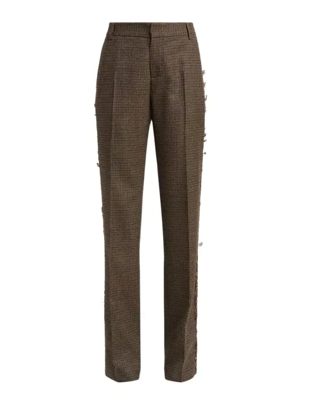 Etro Feather-Trim Check Wool Straight-Leg Trousers
