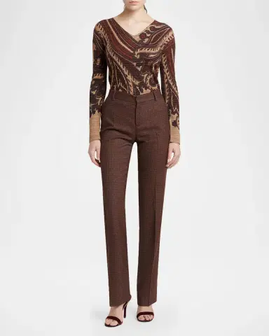 Etro Feather-Trim Check Wool Straight-Leg Trousers | Thumbnail 2