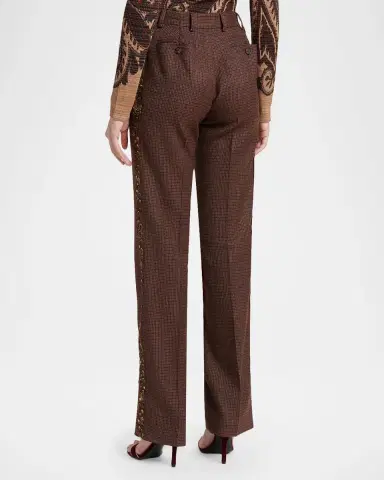 Etro Feather-Trim Check Wool Straight-Leg Trousers | Thumbnail 3