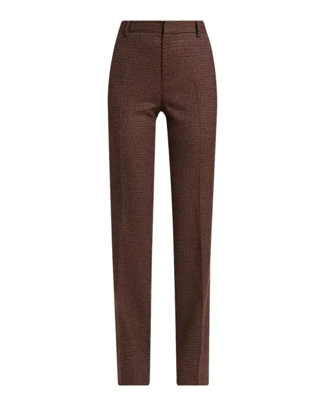 Etro Feather-Trim Check Wool Straight-Leg Trousers
