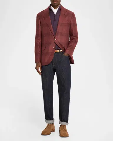 Brunello Cucinelli Men's Plaid Wool-Cashmere Single-Breasted Sport Coat | Thumbnail 2 Brunello Cucinelli Men's Plaid Wool-Cashmere Single-Breasted Sport Coat | Thumbnail 2