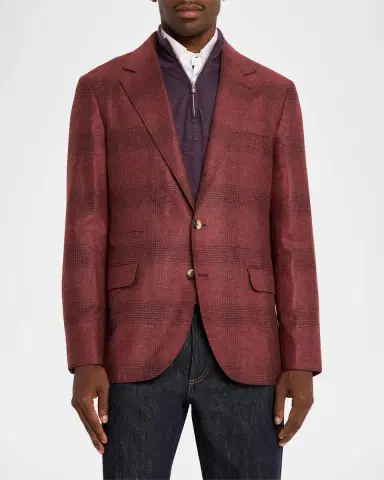 Brunello Cucinelli Men's Plaid Wool-Cashmere Single-Breasted Sport Coat | Thumbnail 4 Brunello Cucinelli Men's Plaid Wool-Cashmere Single-Breasted Sport Coat | Thumbnail 4