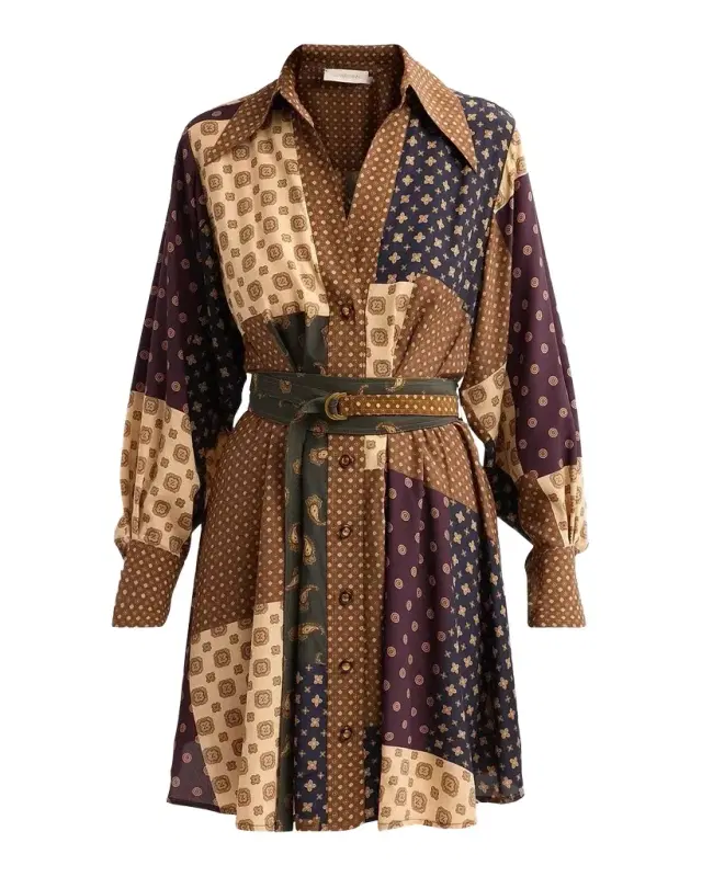 Zimmermann Tuck Patchwork Belted Mini Shirtdress