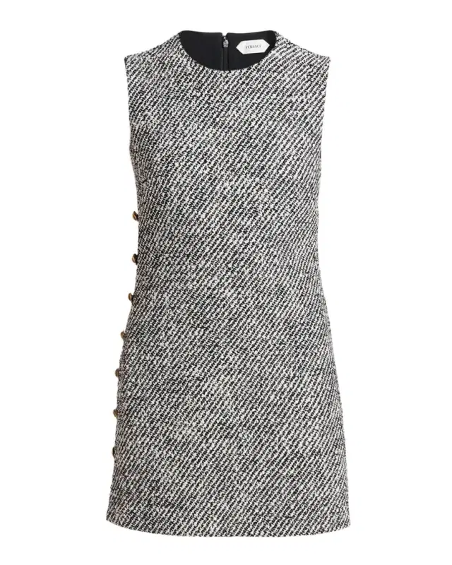 Versace Sleeveless Buttoned Boucle Tweed Mini Dress