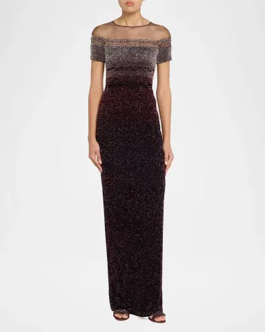 PAMELLA ROLAND Short-Sleeve Signature Sequined Column Gown | Thumbnail 2