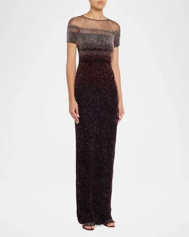 PAMELLA ROLAND Short-Sleeve Signature Sequined Column Gown | Thumbnail 4