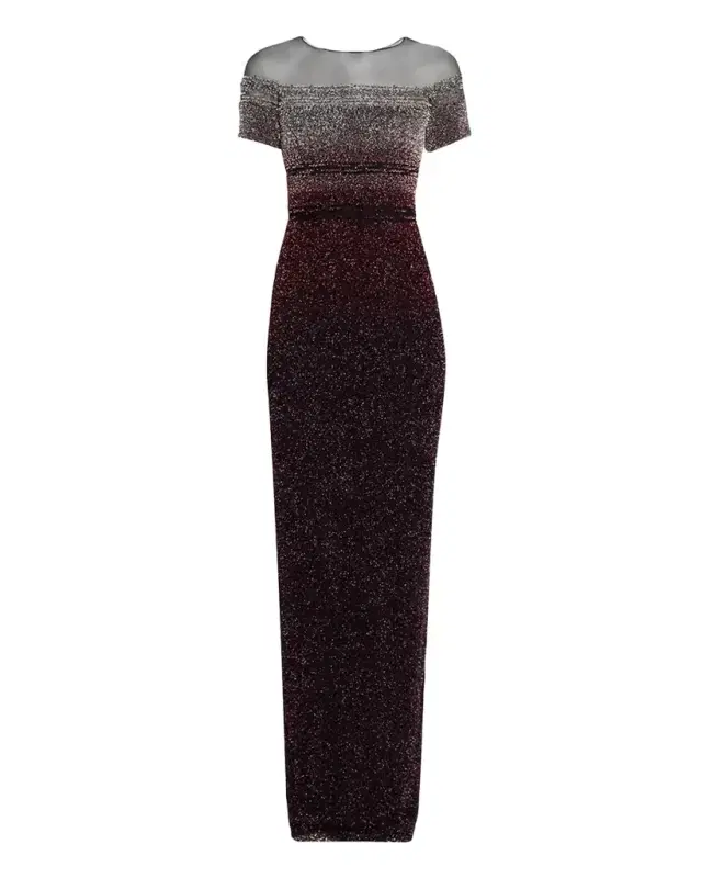 PAMELLA ROLAND Short-Sleeve Signature Sequined Column Gown