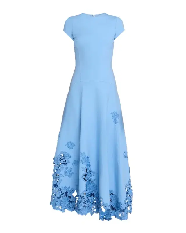 Oscar de la Renta Short-Sleeve Botanical Guipure Inset Ankle Dress