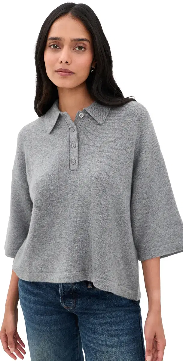 Frame The Academy Polo Cashmere Pullover Graphite Grey