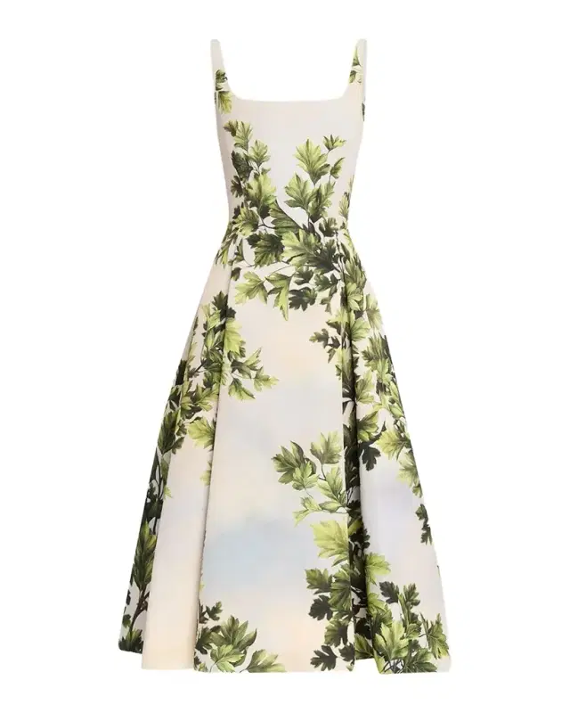 Oscar de la Renta Sleeveless Foliage-Print Faille Square-Neck Midi Dress