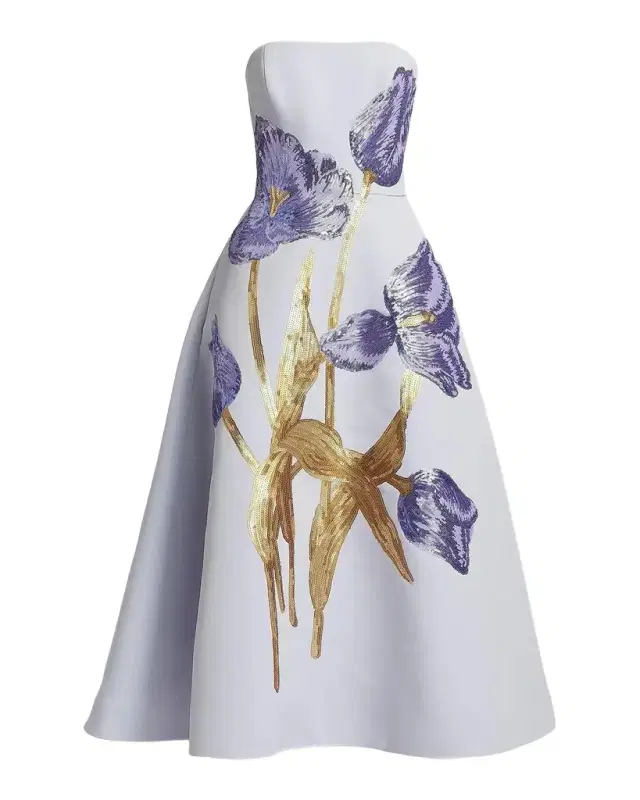 Amsale Floral Sequined Strapless Midi Cocktail Dress