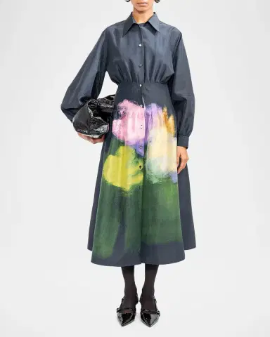 LOVEBIRDS Mistfall Pleated Abstract-Print Silk Midi Shirtdress | Thumbnail 2