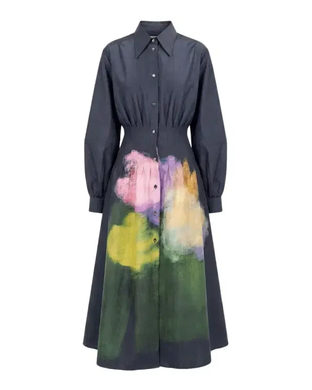 LOVEBIRDS Mistfall Pleated Abstract-Print Silk Midi Shirtdress