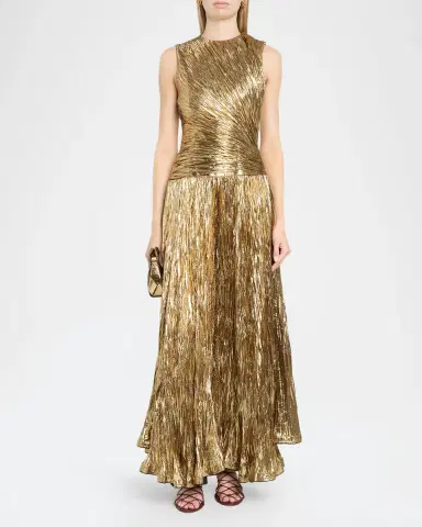 Ulla Johnson Sleeveless Metallic Plisse Drop-Waist Gown | Thumbnail 2