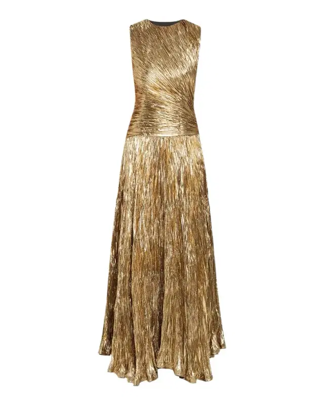 Ulla Johnson Sleeveless Metallic Plisse Drop-Waist Gown
