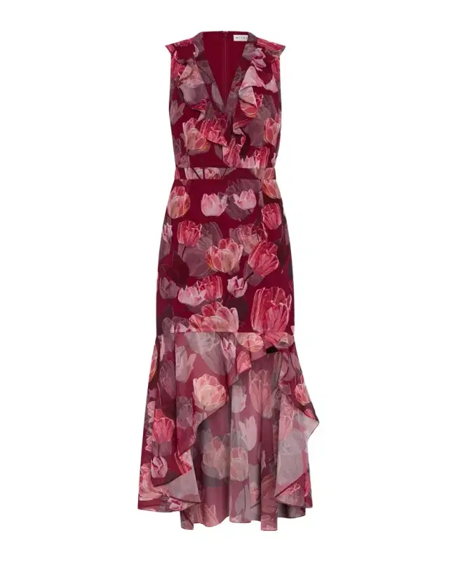Milly Nanci Floral High-Low Ruffle Midi Dress