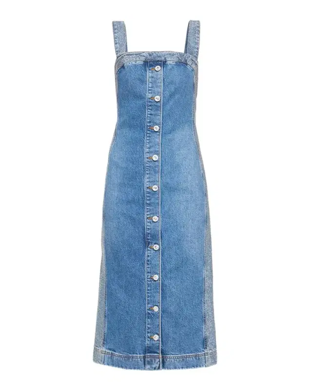 Ramy Brook Amanda Rhinestone-Trim Denim Midi Dress