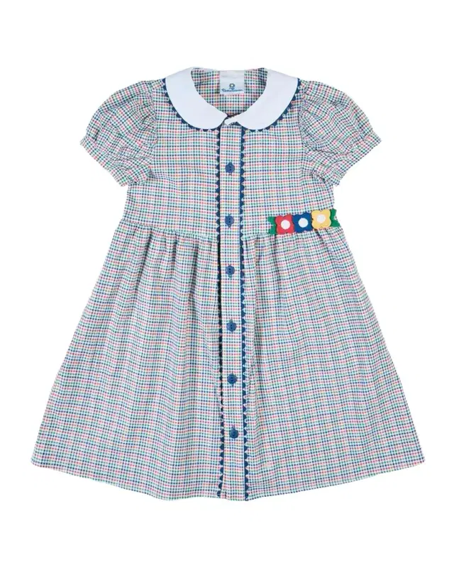 Florence Eiseman Girl's Flower Appliqué Multicolor Plaid Dress, Size 12M-24M