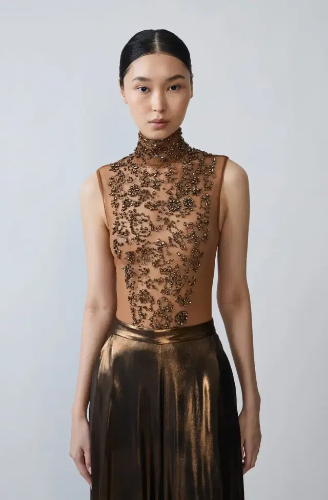 Lapointe Flower Crystal Embroidery Sleeveless Mock Neck Bodysuit