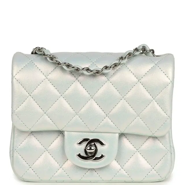 Chanel Chanel Mini Classic Square Flap Bag Light Blue Iridescent Calfskin Silver Hardware