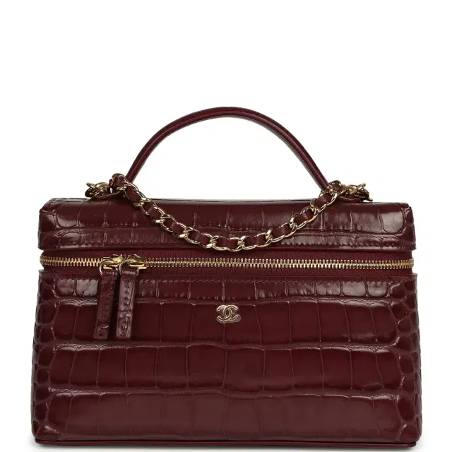 Chanel Chanel Top Handle Long Vanity Case with Chain Dark Burgundy Croc Embossed Calfskin Gold Hardware