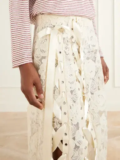 Simone Rocha Unraveling Ribbon Ring Embellished Lace And Satin Midi Skirt | Thumbnail 4