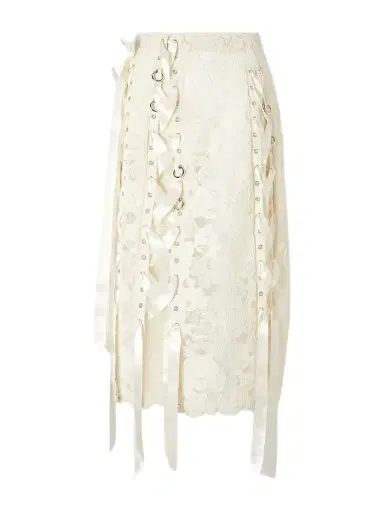 Simone Rocha Unraveling Ribbon Ring Embellished Lace And Satin Midi Skirt | Thumbnail 1