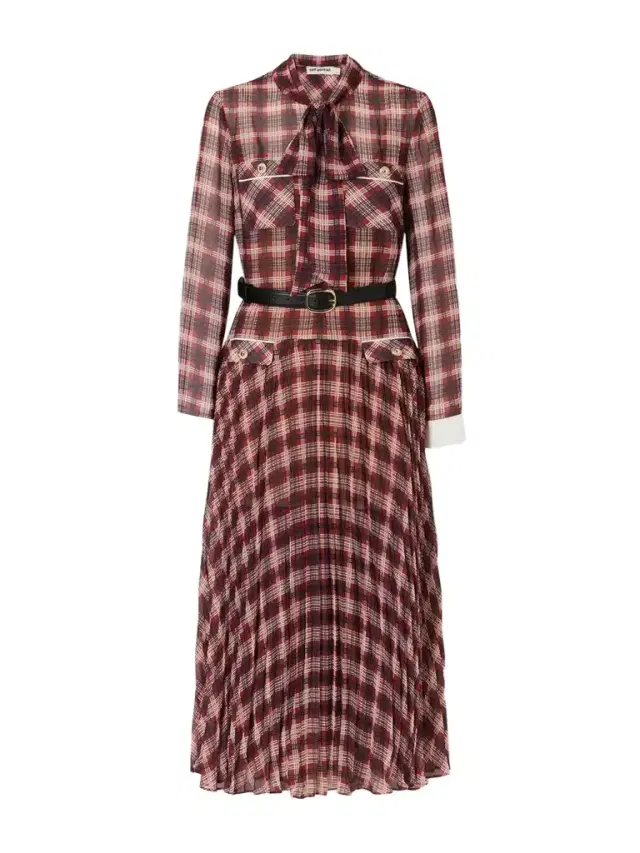 Self-Portrait Belted Checked Chiffon Midi Dress